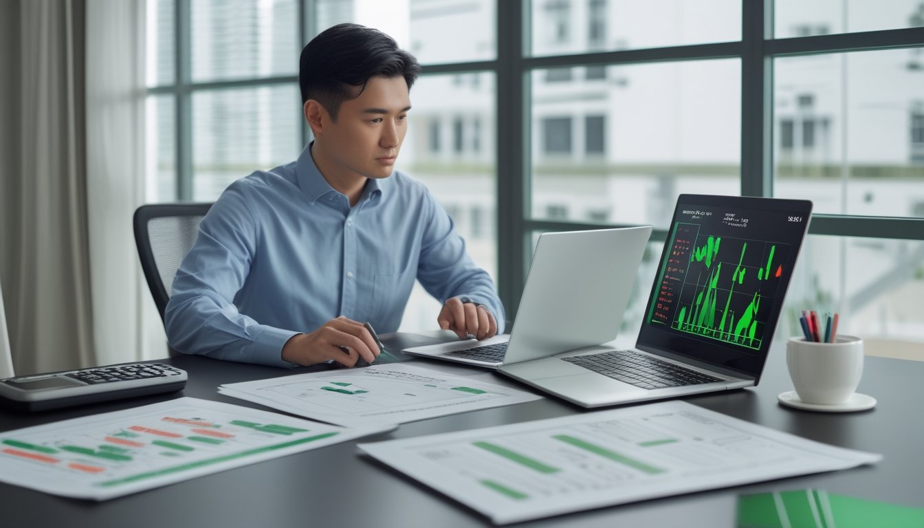 Seorang analis meninjau data kemenangan dan kekalahan taruhan di meja kerja dengan laptop, grafik, kalkulator, dan catatan.
