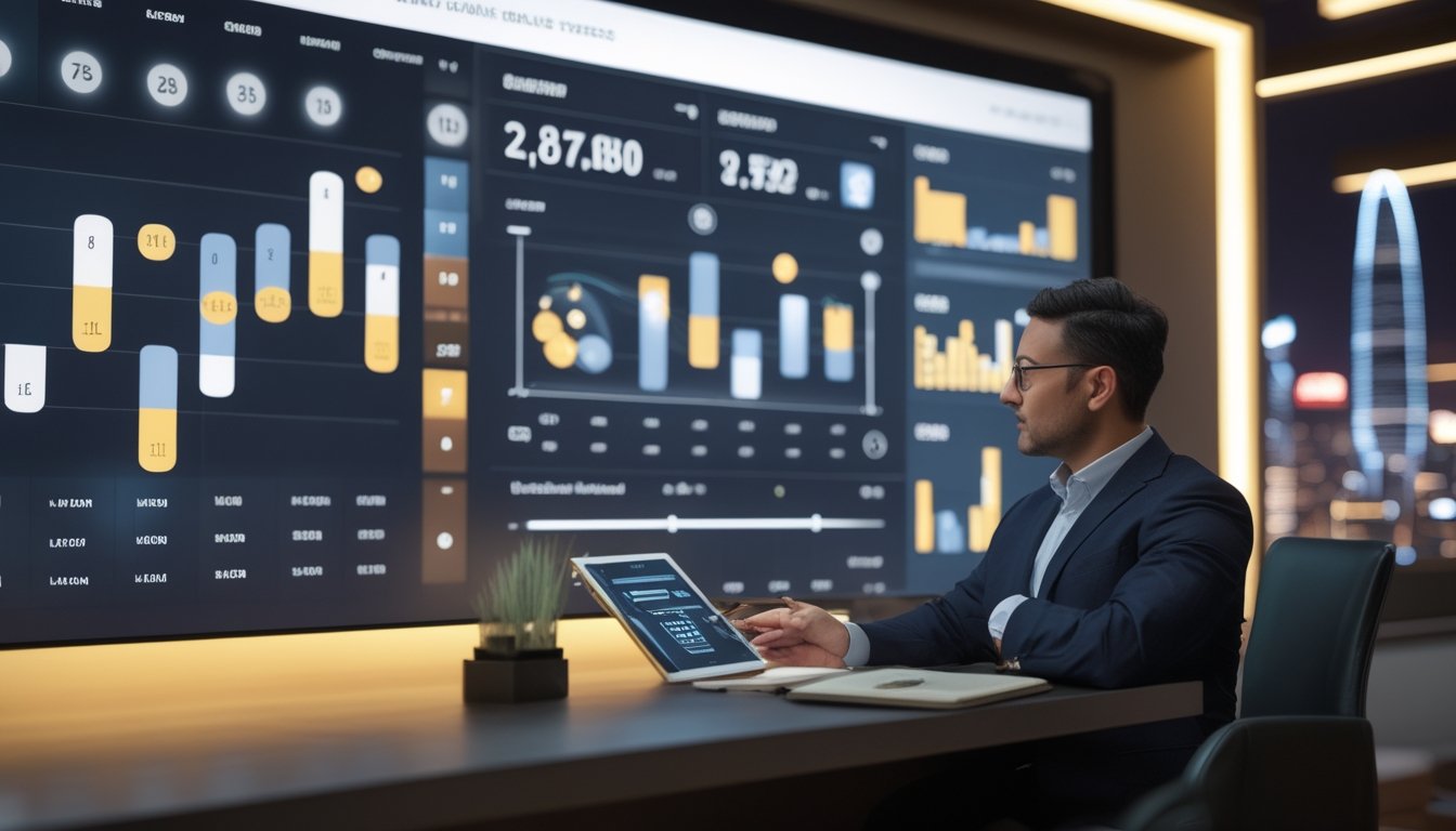 Seorang analis profesional memeriksa dasbor data digital bertema penghargaan dan indeks di ruang kerja modern.