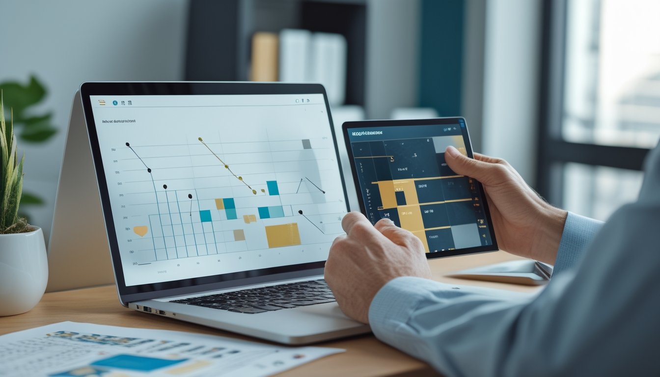 Analis meninjau grafik angka abstrak, kalkulator, dan bentuk geometris yang melambangkan perhitungan indeks di meja kerja modern.