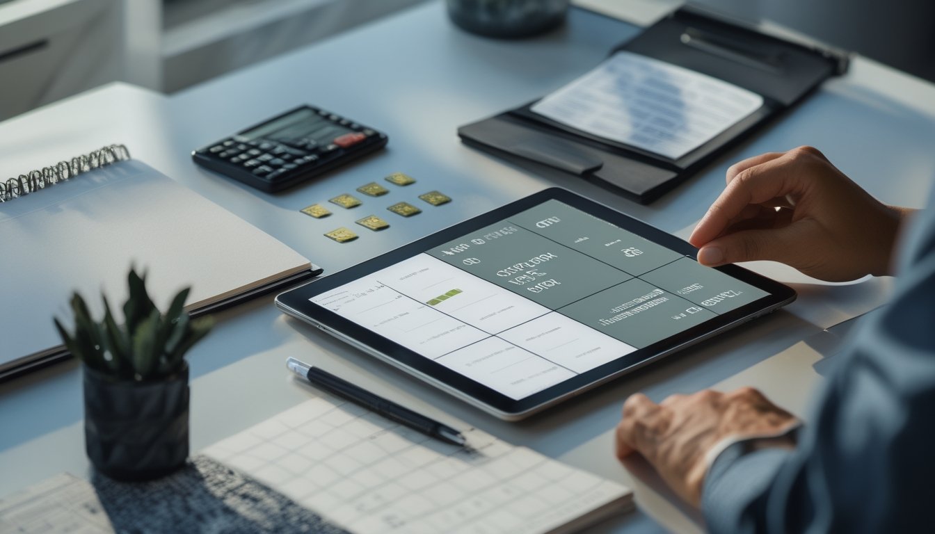 Seseorang menganalisis pola angka dua digit di meja kerja dengan kalkulator dan tablet.