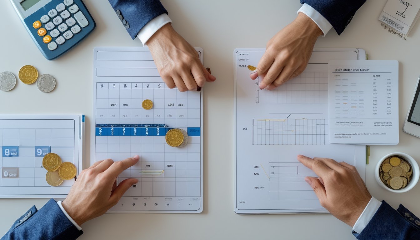 Meja dengan dua susunan token angka yang dibandingkan menggunakan kalkulator, catatan, dan grafik sederhana.