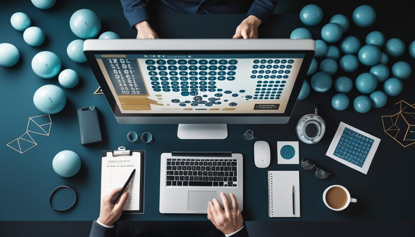Meja kerja modern dengan bola bernomor, kalkulator, laptop, dan grafik data yang buram.