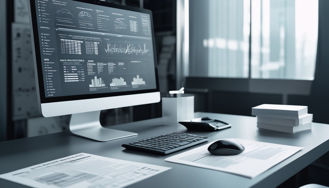 Meja kerja analis dengan komputer yang menampilkan grafik dan pola data abstrak, disertai kalkulator, catatan, dan dokumen analisis.