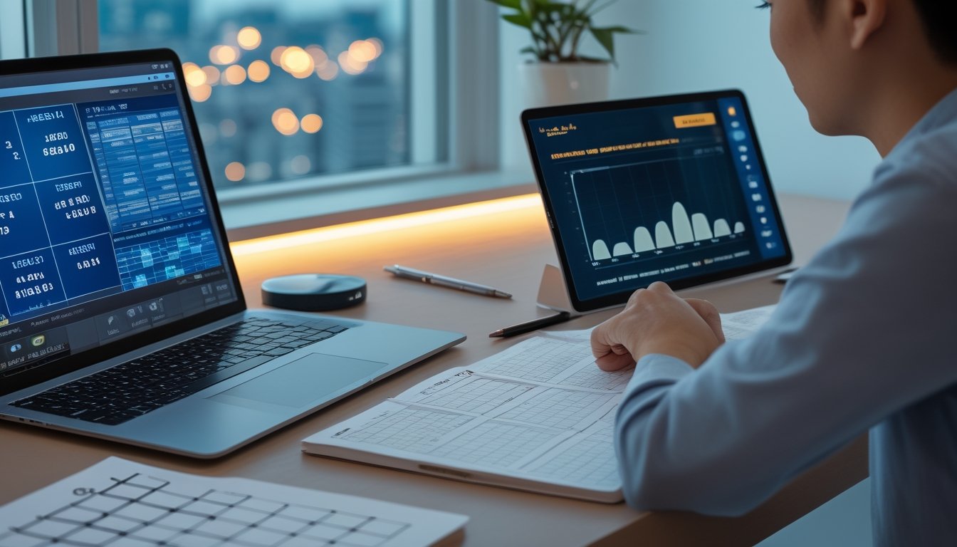 Seseorang sedang meninjau data undian langsung pada laptop dan tablet di meja kerja.
