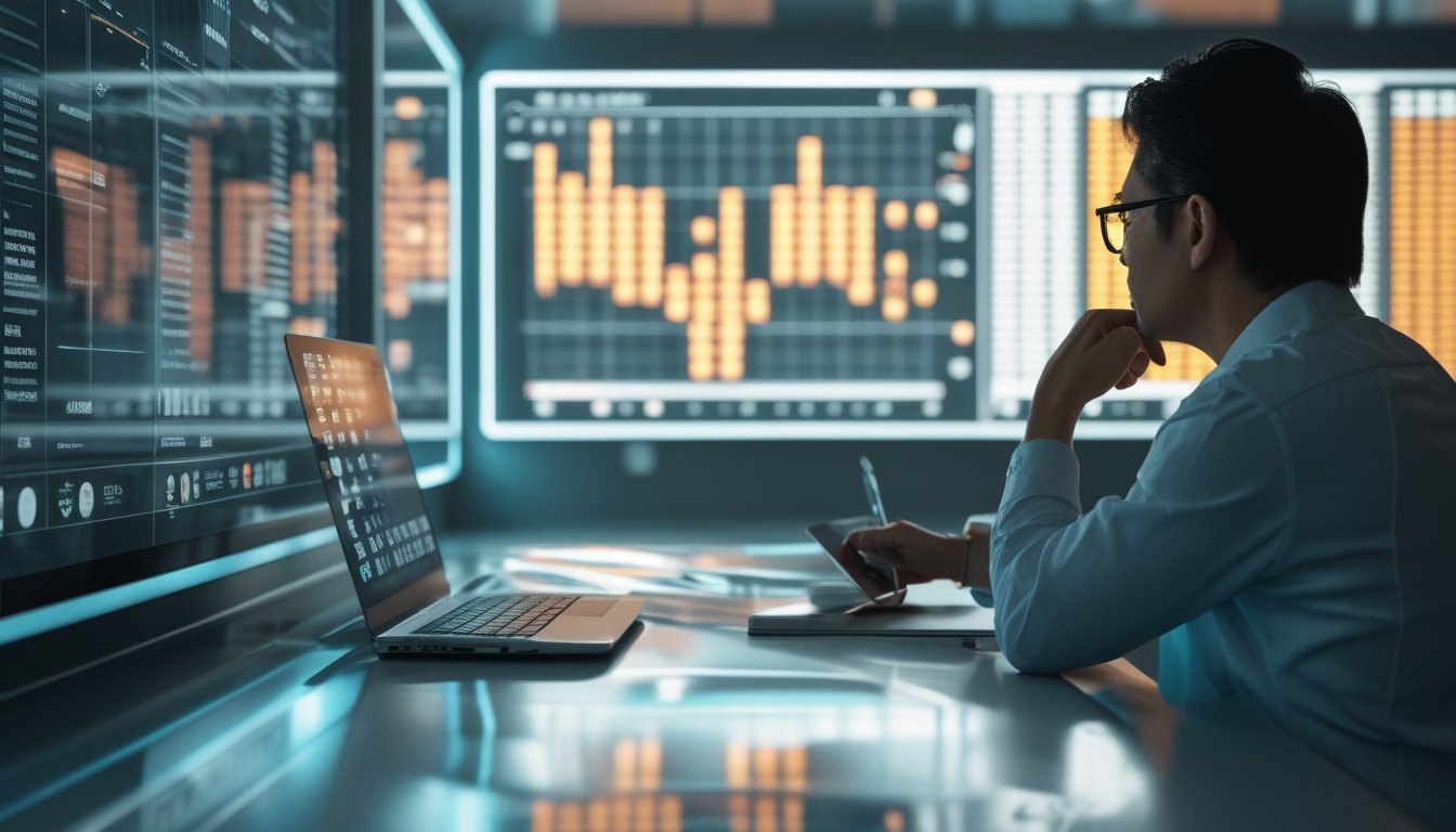Seorang analis mengamati tampilan data abstrak di ruang kerja modern sambil mencatat.