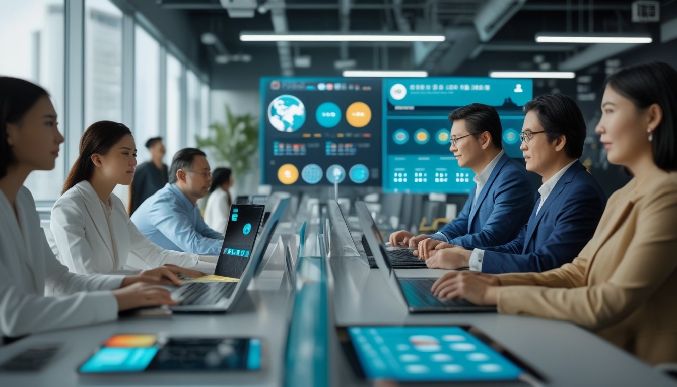 Sekelompok orang dewasa menganalisis data angka digital di kantor modern dengan latar peta Asia dan siluet kota.