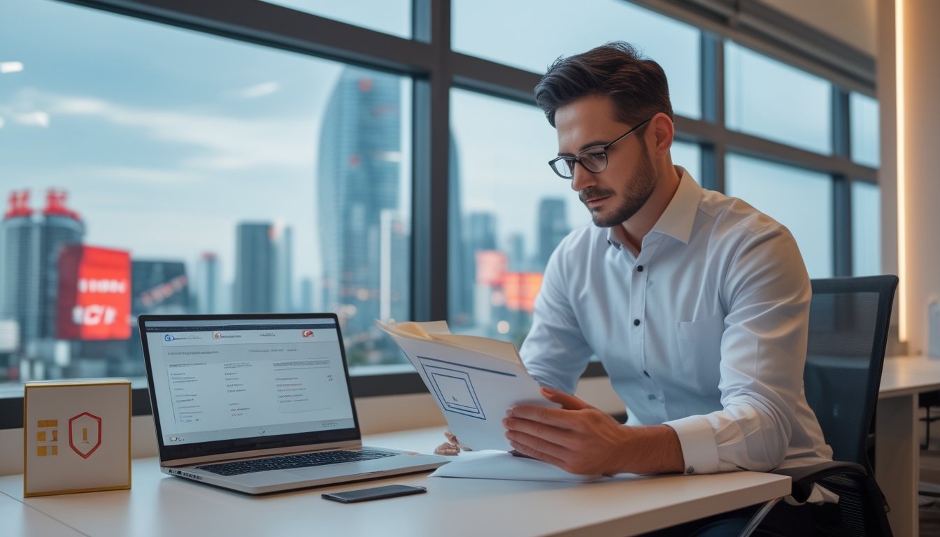 Analis kepatuhan memeriksa dokumen lisensi dan dasbor digital di kantor modern dengan latar kota bergaya Makau.