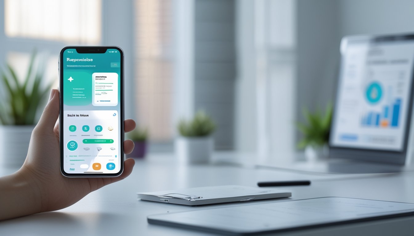 Seseorang mempelajari aplikasi seluler pada ponsel di meja kerja modern dengan simbol keamanan digital.
