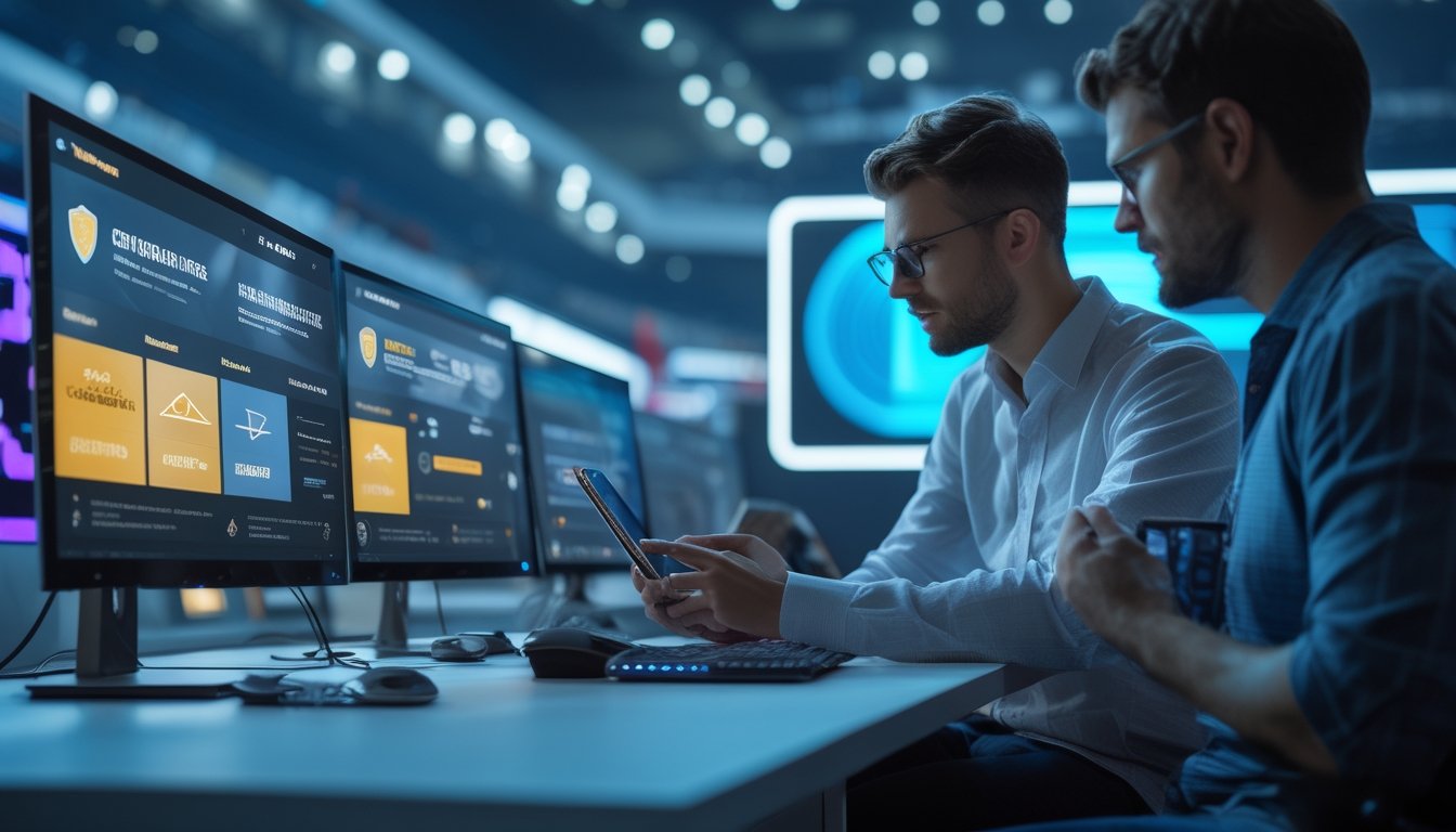 Analis esports membandingkan beberapa platform digital yang aman di ruang kerja modern dengan latar arena turnamen.