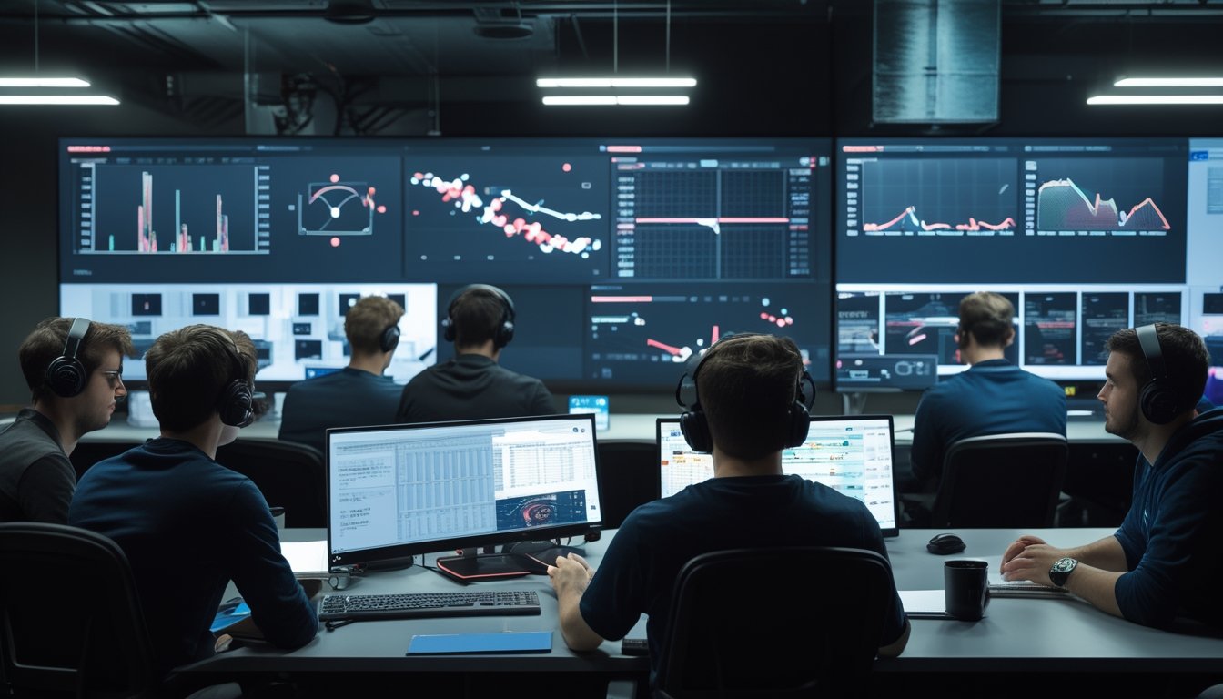 Tim analis esports berdiskusi sambil mempelajari grafik dan data pertandingan di ruang kerja modern.