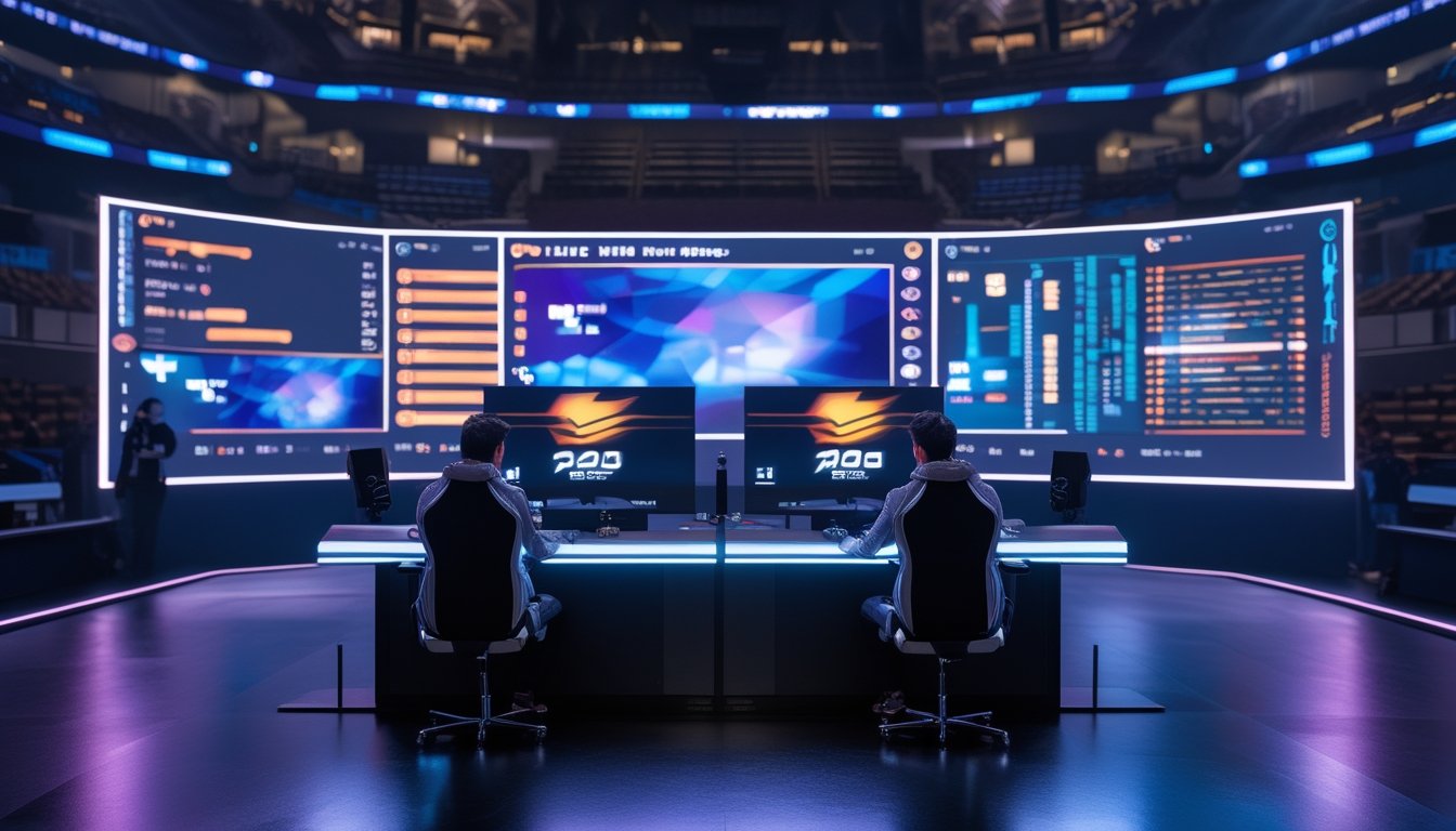 Suasana turnamen esports besar dengan pemain bertanding di depan layar dan penonton yang menyaksikan.