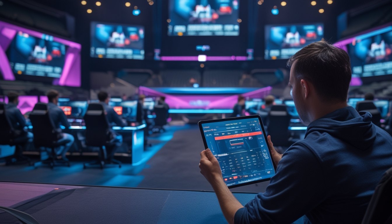 Penonton mengikuti pertandingan esports secara langsung melalui tablet di arena kompetisi.