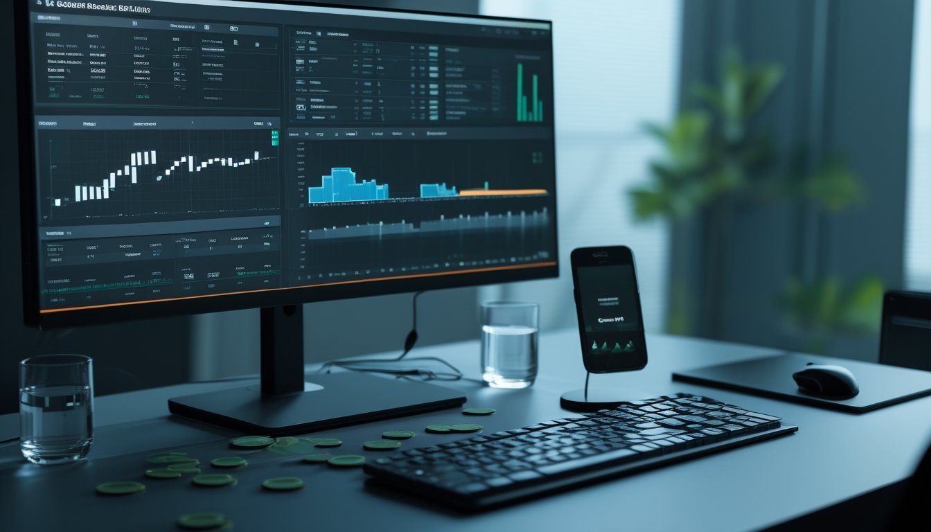 Meja kerja dengan monitor analisis esports, kalkulator, koin, dan buku catatan untuk perencanaan keuangan.
