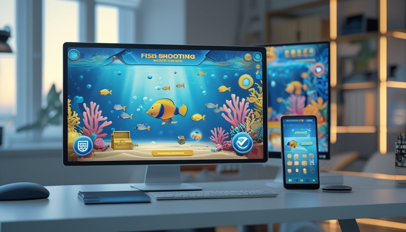 Monitor dan ponsel menampilkan permainan menembak ikan bertema bawah laut di atas meja kerja modern.