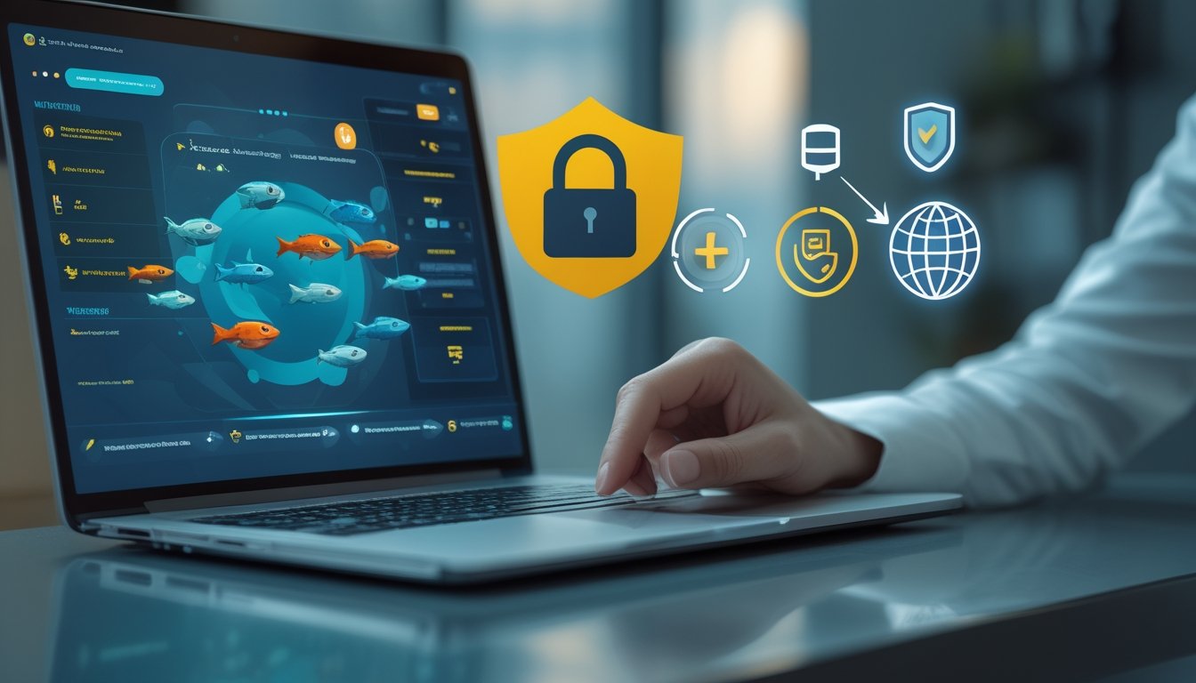 Laptop dan ponsel menampilkan permainan ikan digital dengan ikon keamanan dan verifikasi di meja kerja modern.