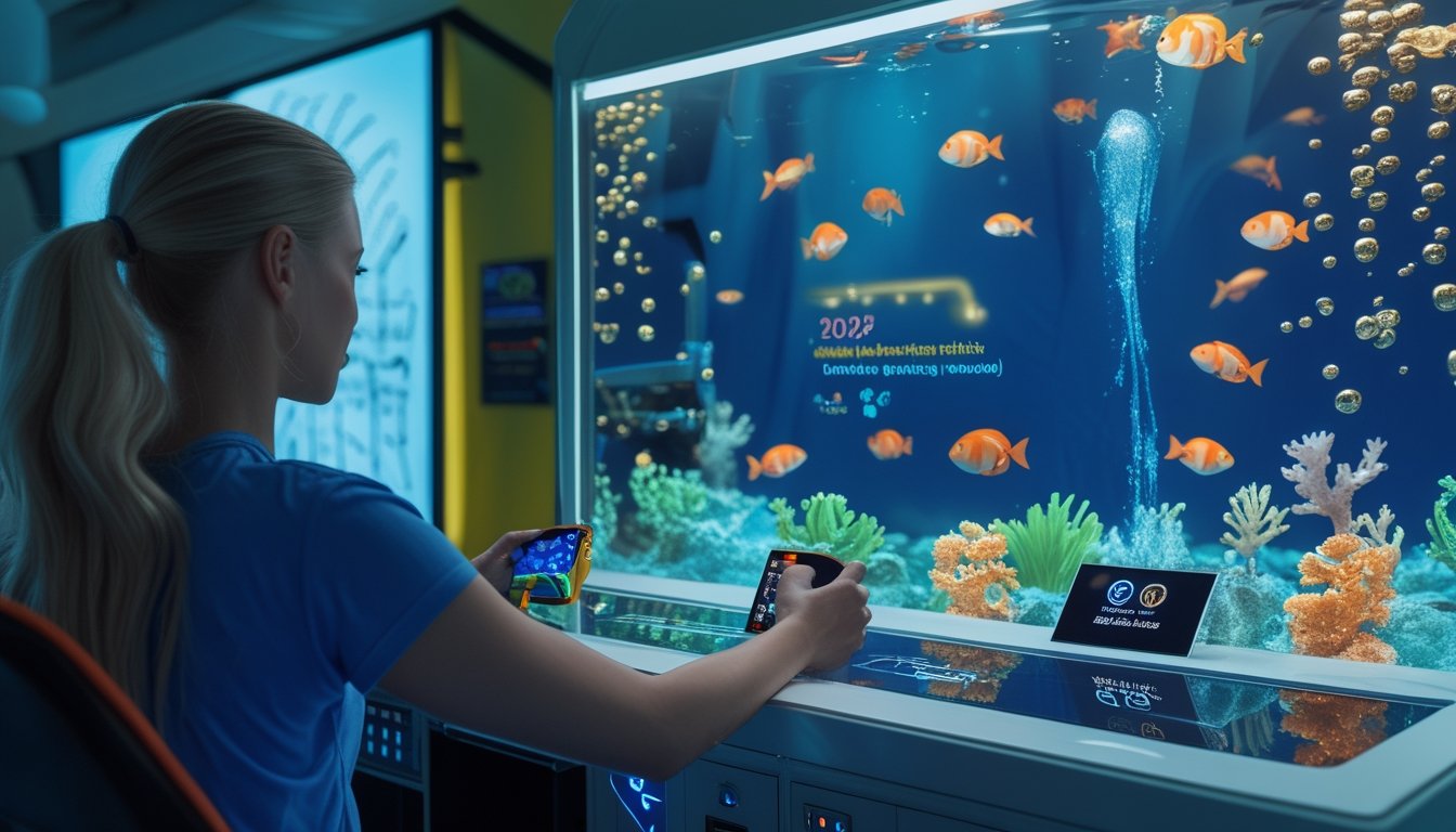 Seseorang memainkan permainan arcade bertema memancing dengan layar bawah laut berisi ikan warna-warni dan ponsel di sampingnya.