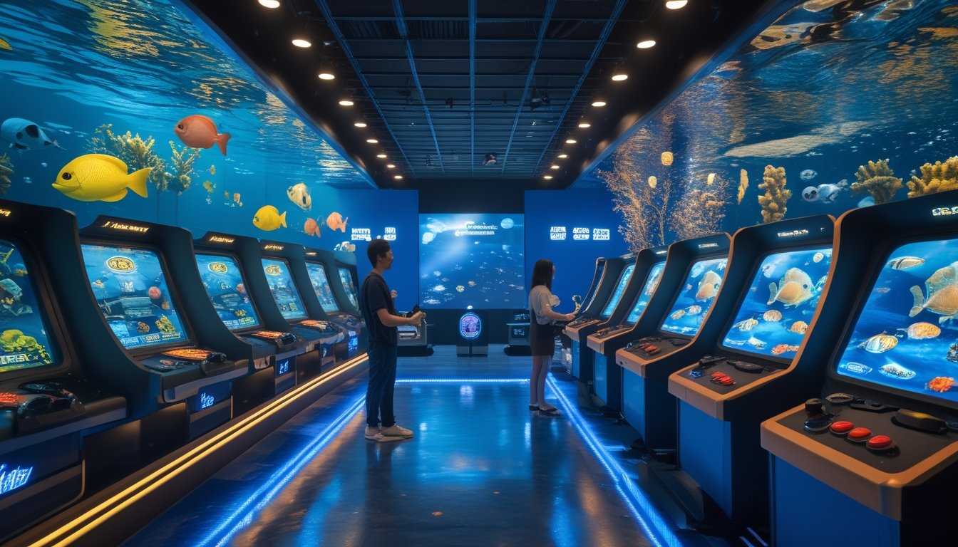 Dua pemain mencoba permainan tembak ikan di arena arkade dengan tema lokal dan internasional yang berbeda.