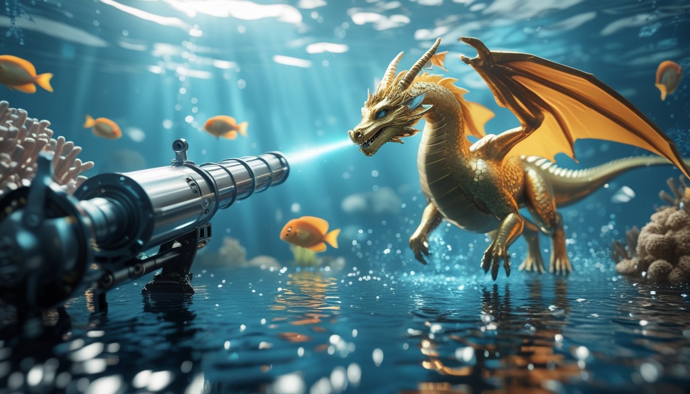 Naga emas berenang di antara ikan tropis dan senjata futuristik di lingkungan bawah laut bercahaya.