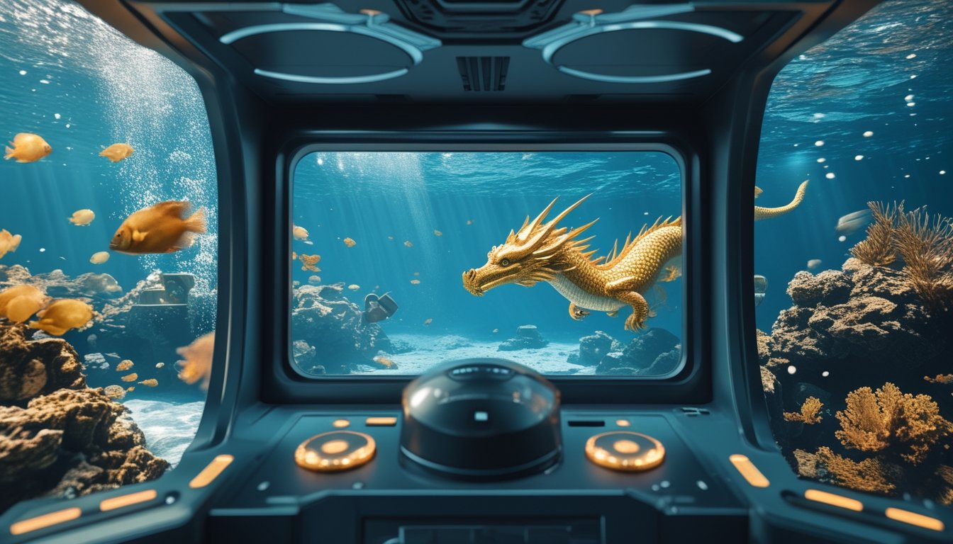 Naga emas berenang di lingkungan bawah laut dengan ikan tropis dan efek senjata khusus dari permainan modern.