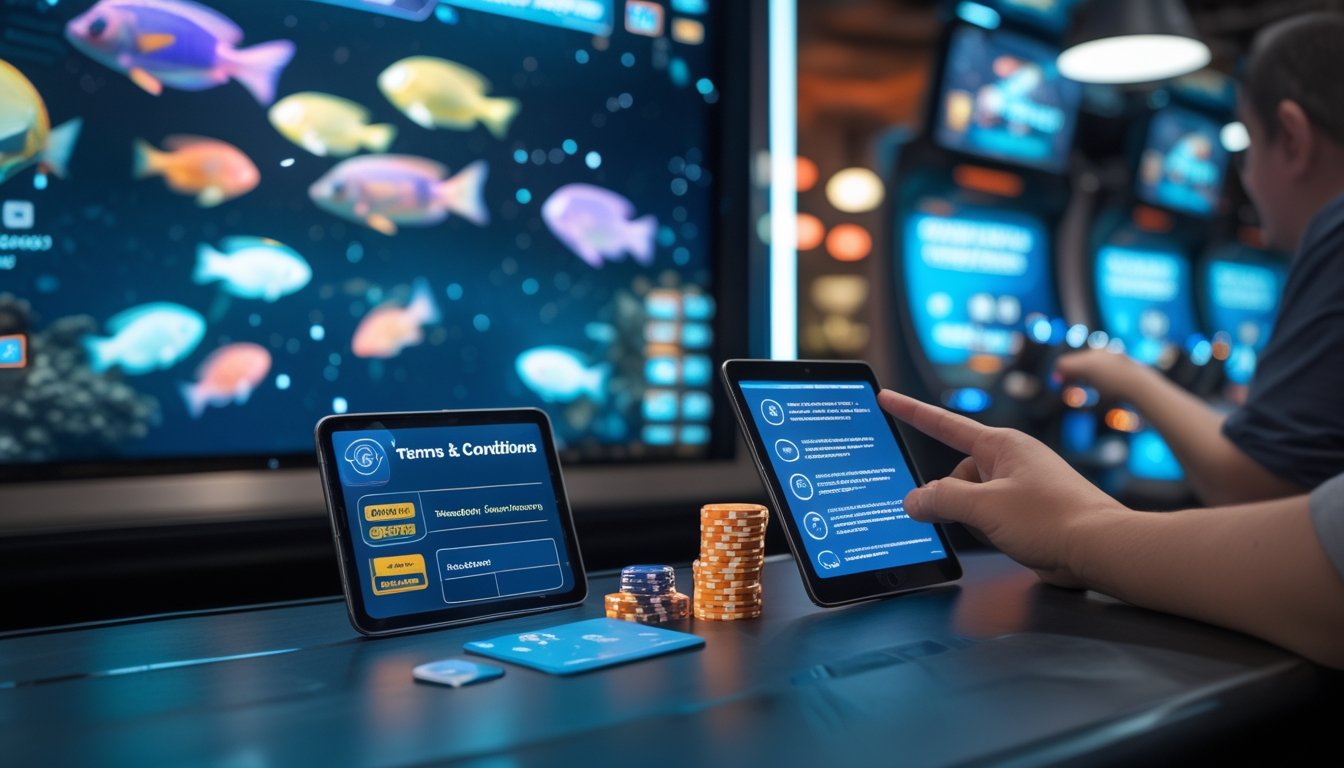 Seseorang meninjau ketentuan digital di samping perangkat dan permainan arkade tembak ikan.