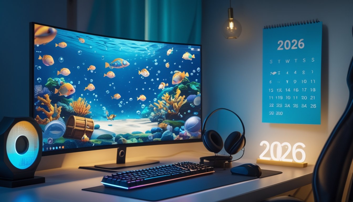 Meja permainan modern dengan monitor menampilkan permainan menembak ikan bawah laut, kalender dan jam sebagai penanda waktu.