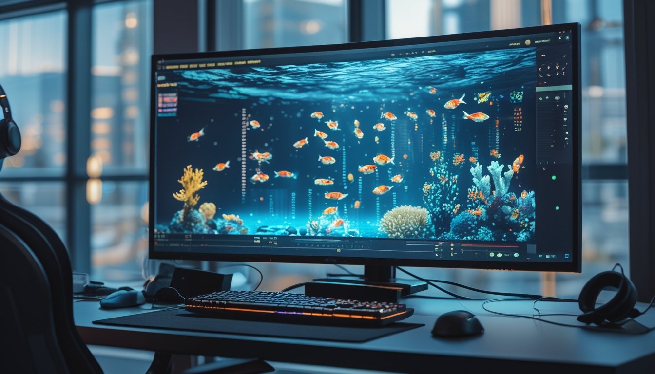 Monitor menampilkan permainan tembak ikan bertema bawah laut di meja gaming modern dengan pencahayaan biru.