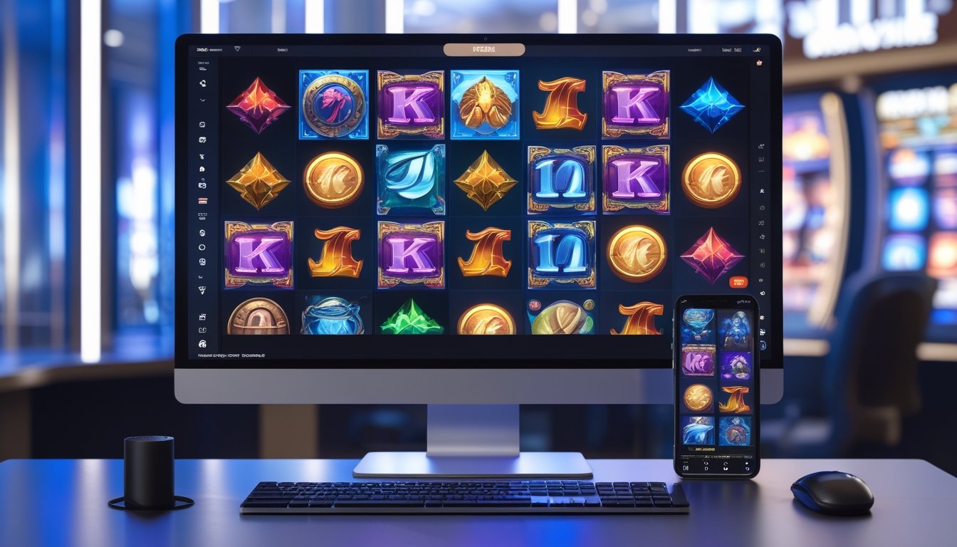Monitor dan ponsel menampilkan permainan slot digital berwarna-warni dalam ruang modern.