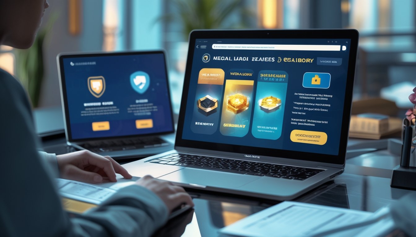 Profesional memeriksa platform permainan digital yang aman dengan simbol perlindungan dan verifikasi.