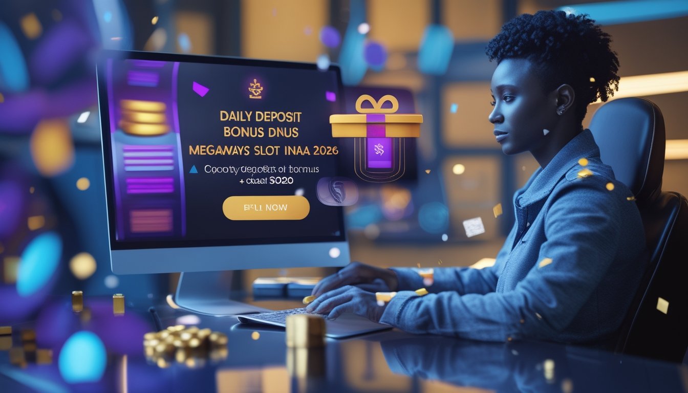 Pemain dewasa menggunakan perangkat digital dengan koin emas, kotak hadiah, dan efek perayaan di lingkungan permainan modern.