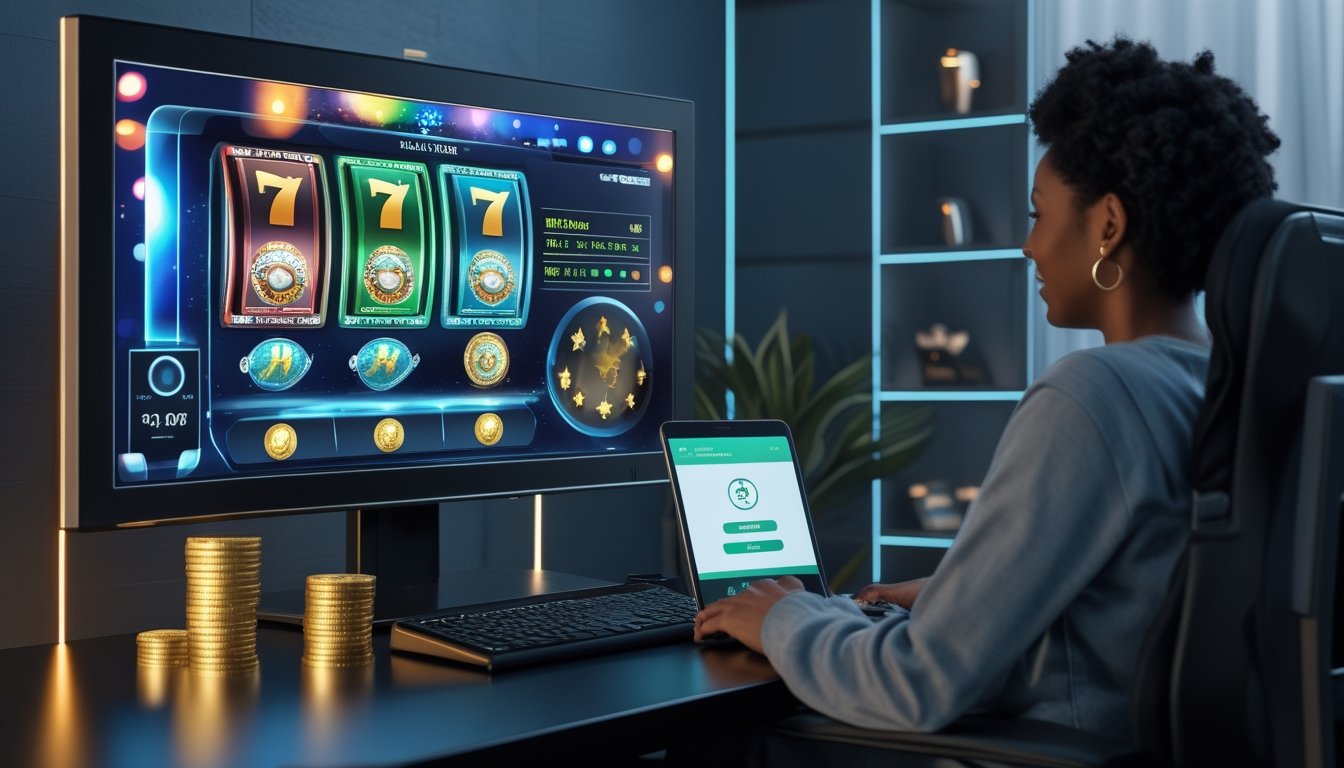 Pemain dewasa melihat permainan slot digital dengan simbol bonus, koin, ponsel, dan kalender di meja.