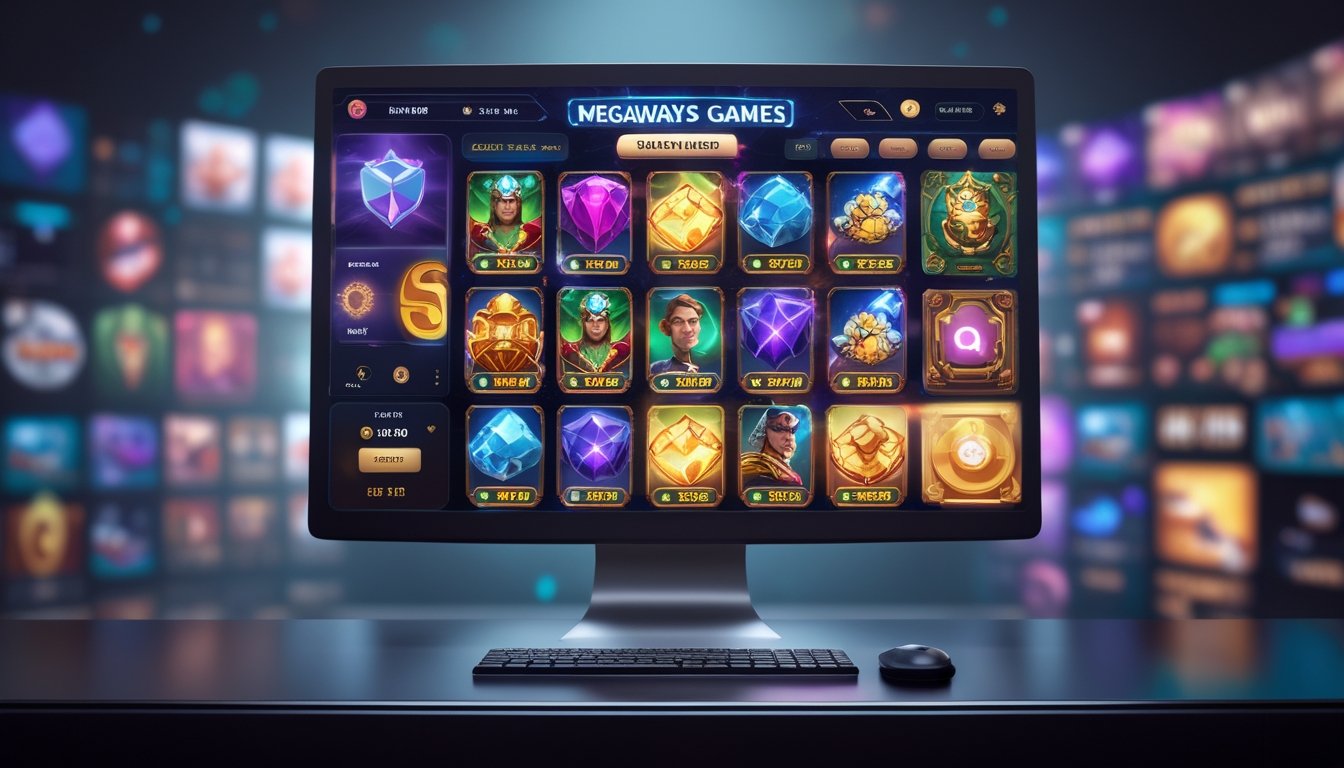 Monitor dan ponsel menampilkan berbagai permainan slot digital berwarna-warni di atas meja modern.