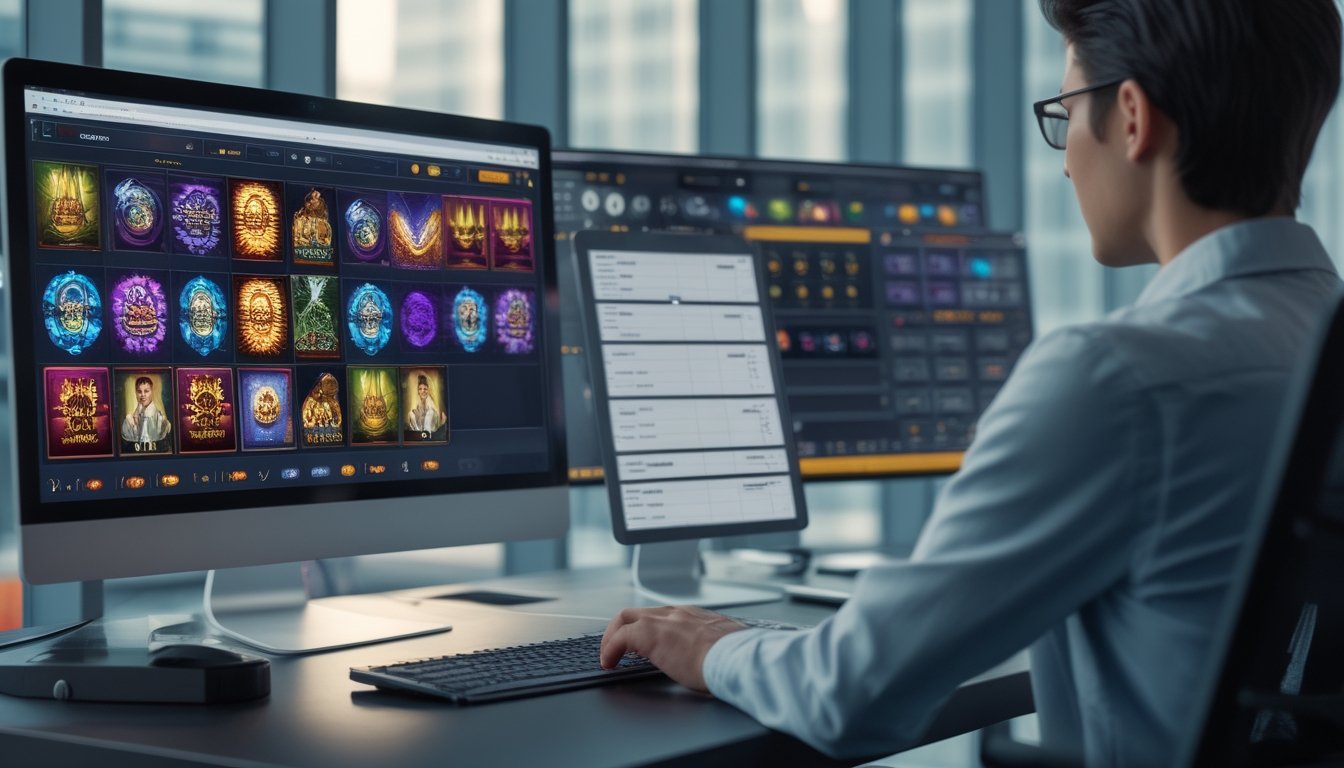 Seseorang membandingkan beberapa platform permainan slot digital di depan komputer.