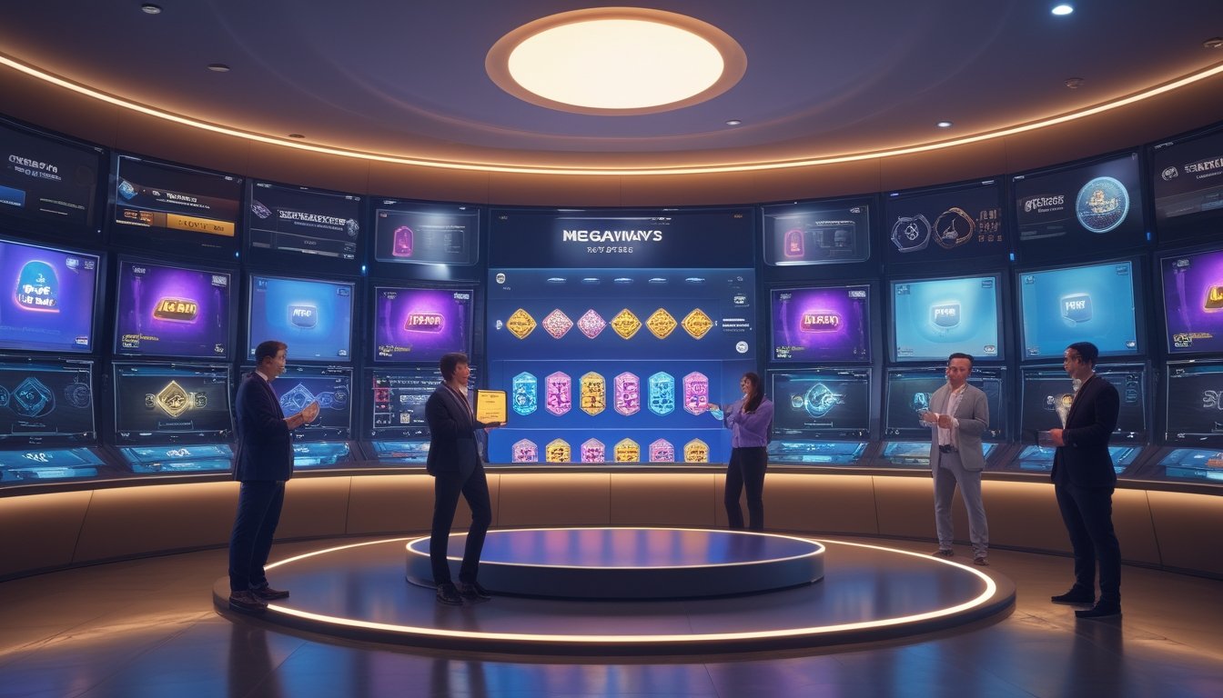 Tim profesional mengembangkan teknologi permainan slot di studio modern dengan layar digital bercahaya.