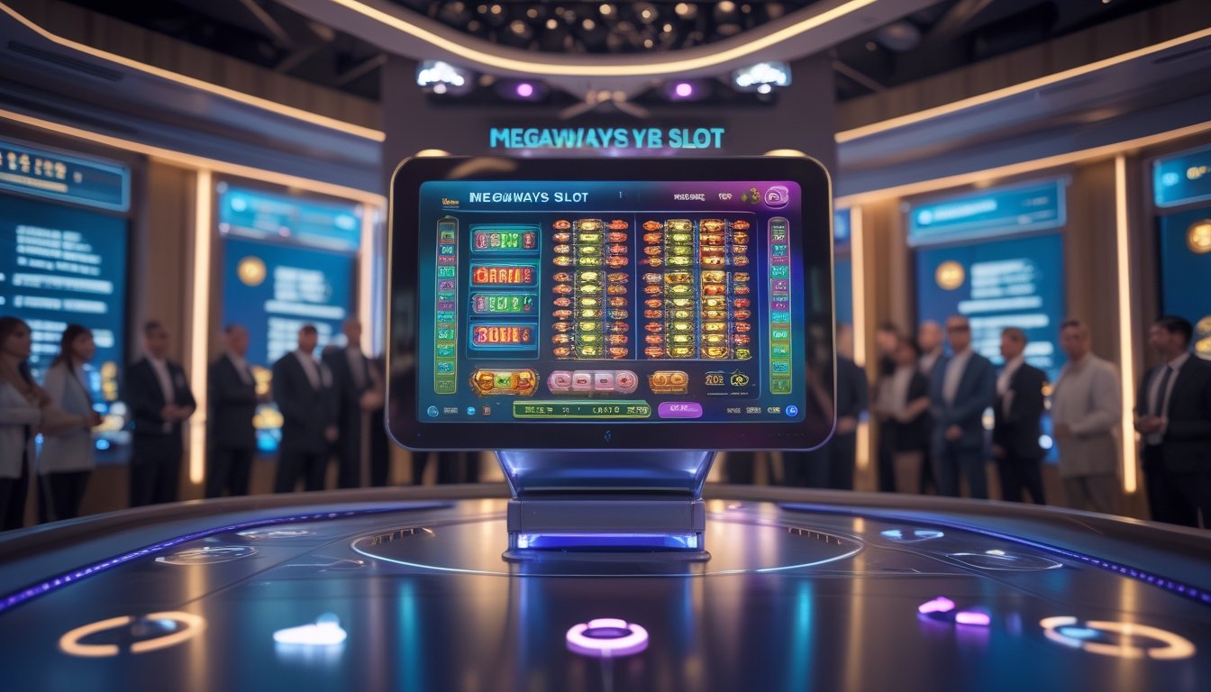 Mesin permainan slot modern menampilkan gulungan berwarna-warni dengan kombinasi kemenangan, dikelilingi suasana studio kasino berteknologi tinggi.