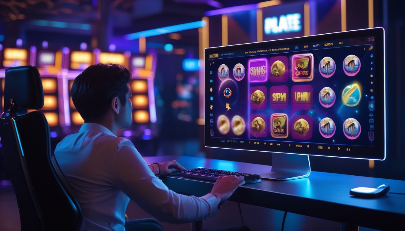 Seseorang bermain permainan slot digital di depan monitor dalam suasana malam dengan cahaya neon berwarna-warni.