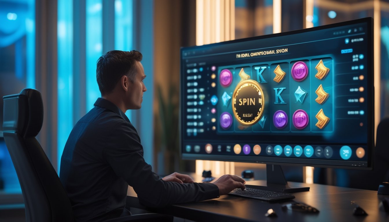 Orang dewasa mempelajari fitur bonus pada permainan slot digital di depan monitor.