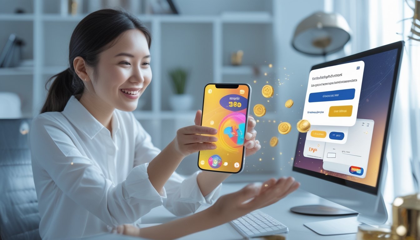 Orang dewasa menggunakan ponsel dengan tampilan permainan digital dan dompet elektronik, dekorasi koin serta kilauan emas.