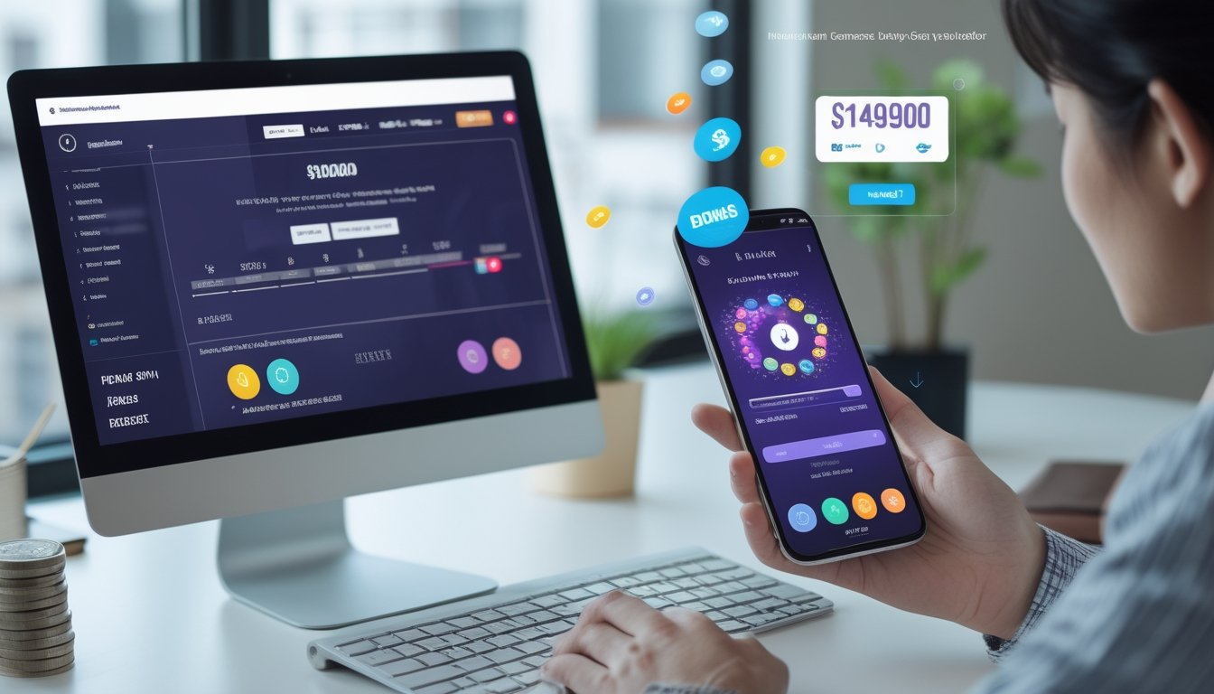 Seseorang menggunakan dompet digital di samping laptop dengan tampilan transaksi dan ikon bonus.