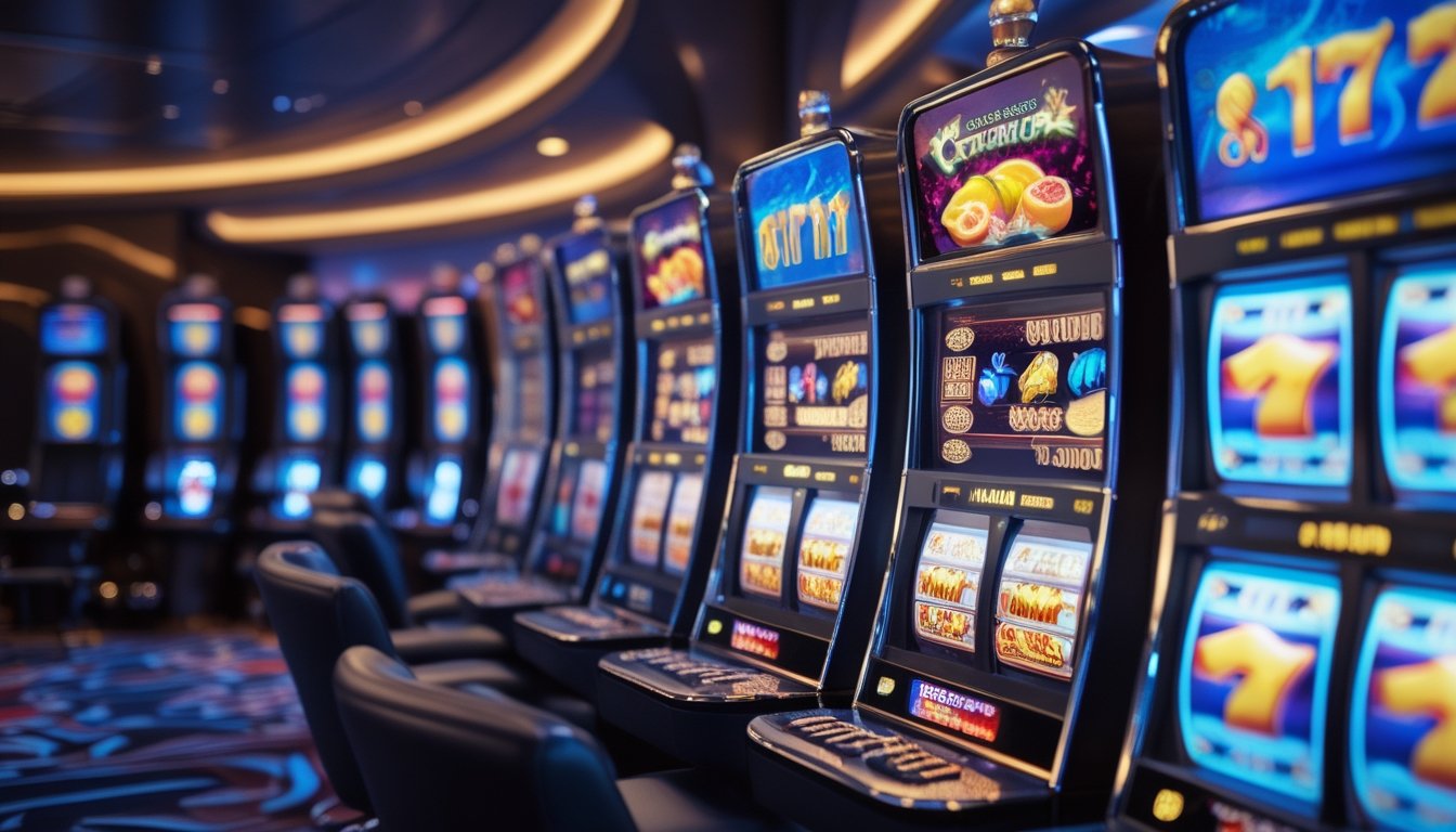Deretan mesin slot bercahaya di ruang permainan kasino modern.
