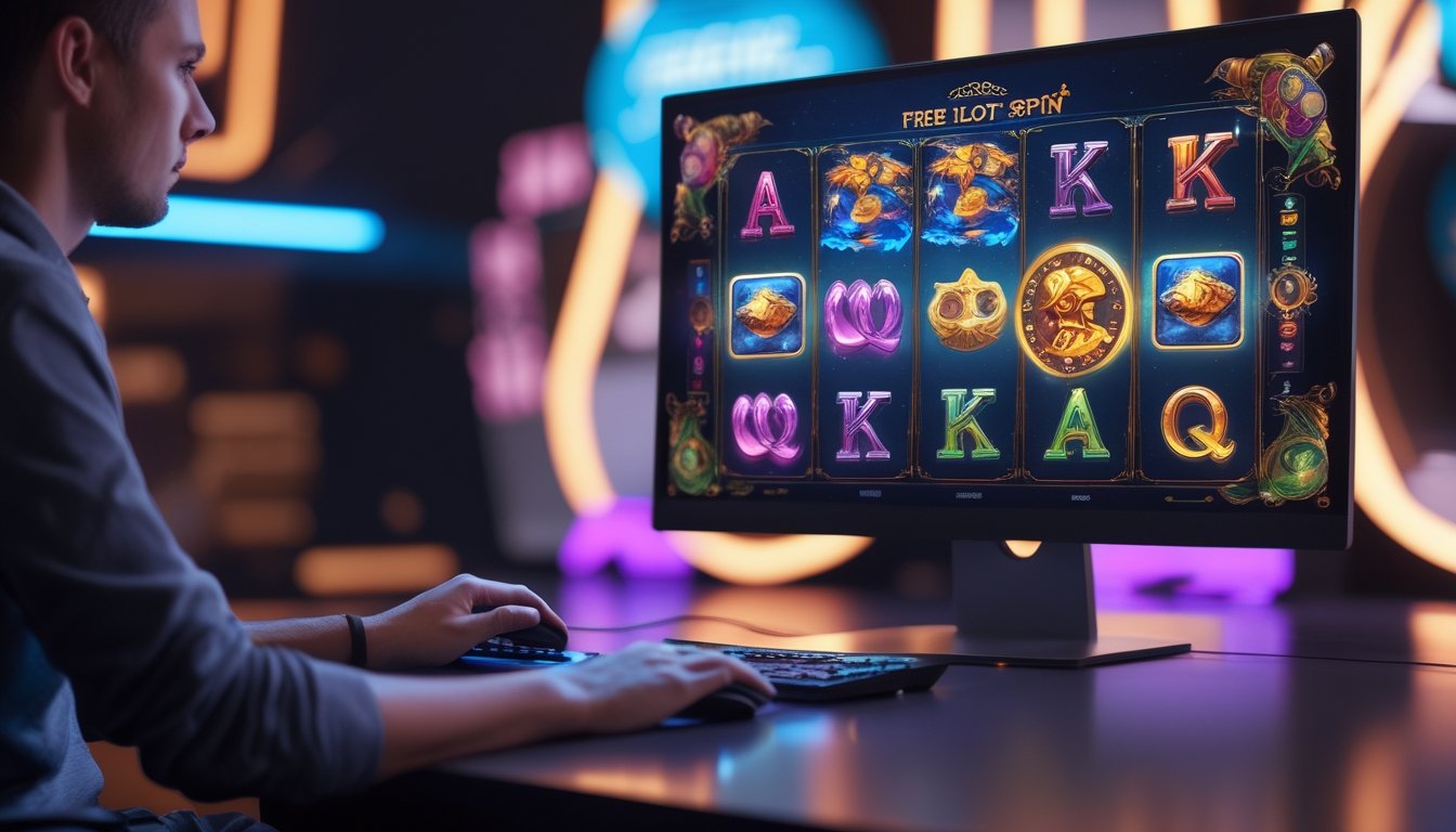 Tangan pemain menggunakan komputer untuk mengakses permainan slot dengan tampilan bonus berwarna-warni.