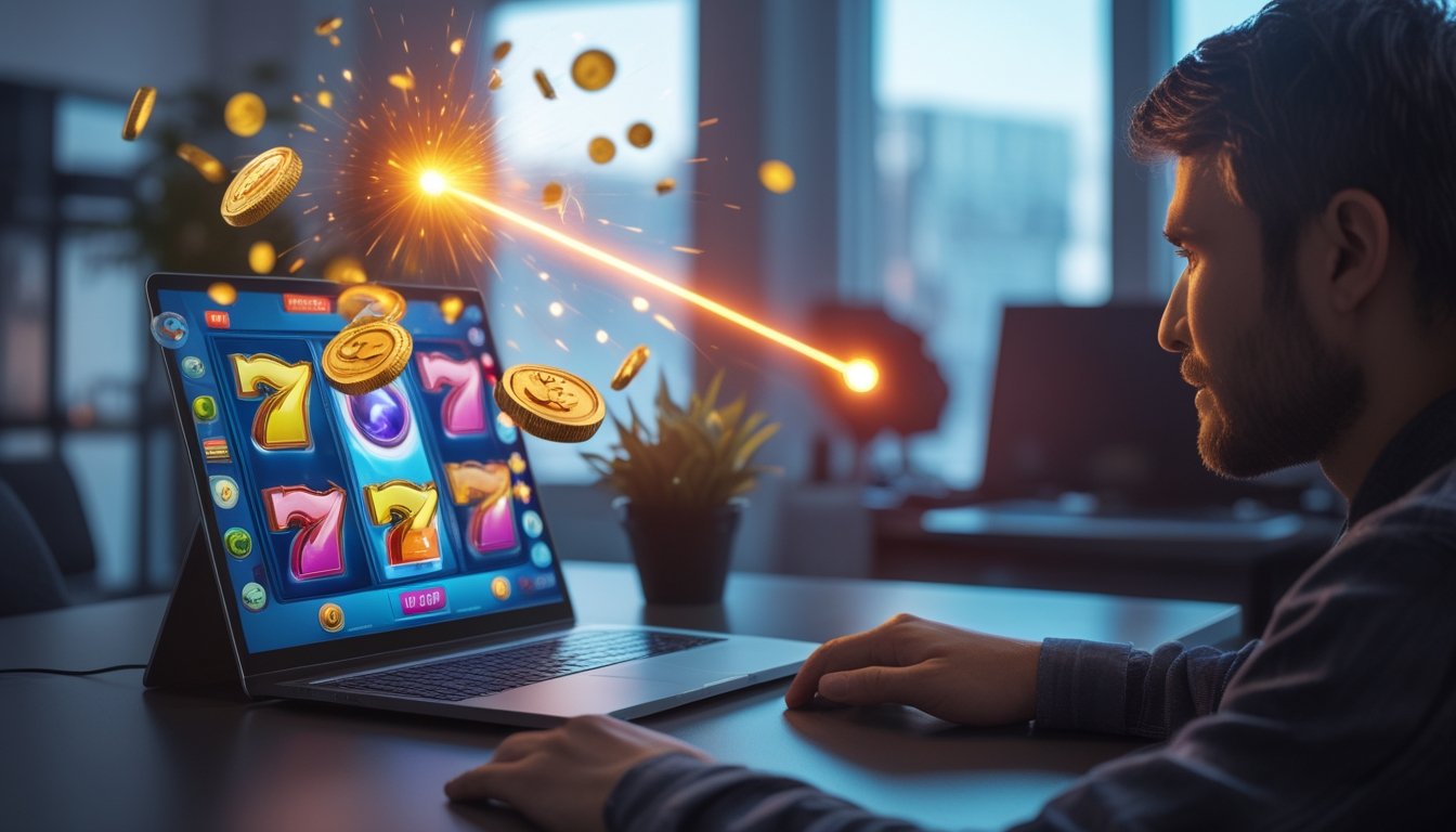 Seseorang menimbang keuntungan dan risiko fitur putaran gratis pada permainan slot digital.