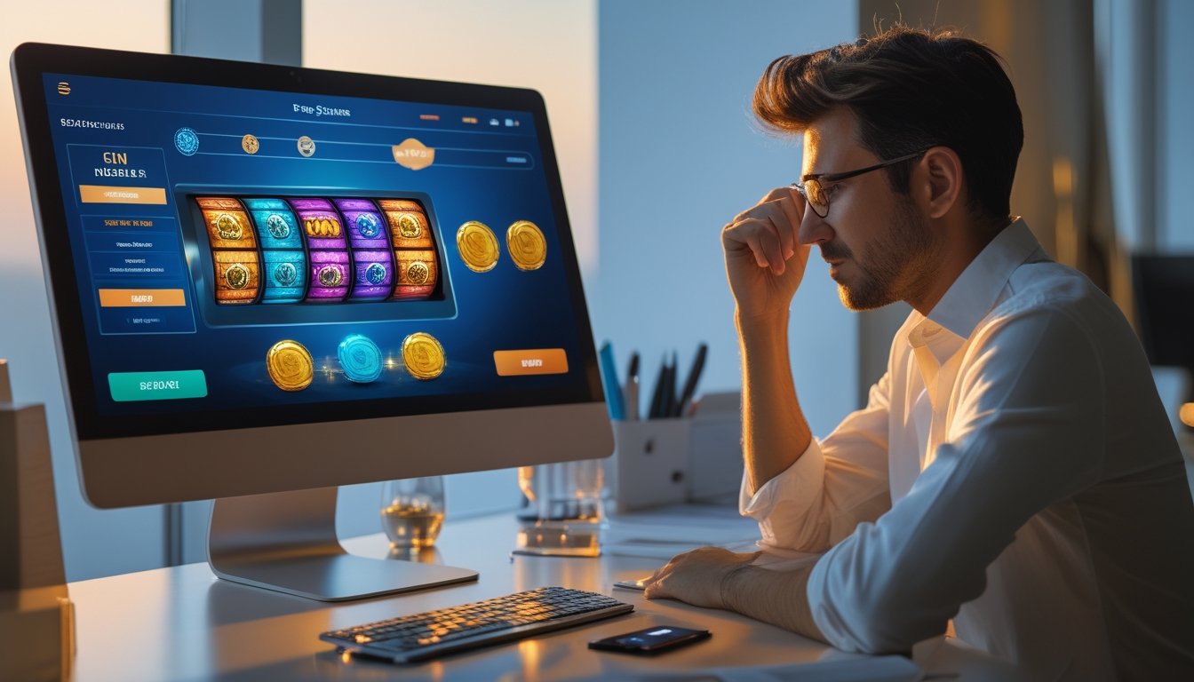 Orang dewasa membandingkan manfaat dan risiko membeli putaran gratis pada layar permainan slot.