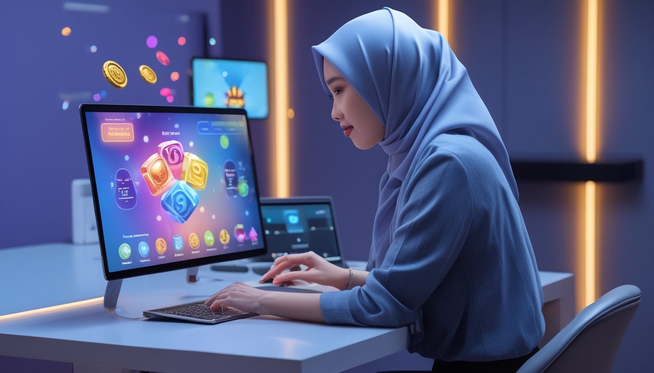 Seorang pengguna menggunakan laptop dan ponsel dengan tampilan permainan digital berwarna-warni di meja kerja modern.