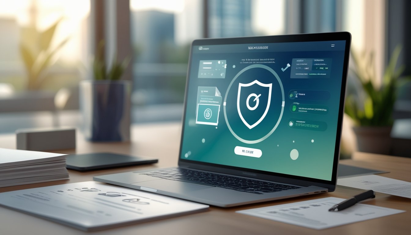 Meja kerja profesional dengan laptop, ponsel, dokumen, sertifikat digital, dan simbol perisai sebagai gambaran verifikasi keamanan platform.