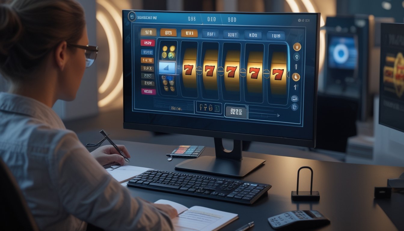 Seseorang menganalisis permainan slot di depan monitor dengan catatan, komputer, dan daftar langkah kosong di meja.