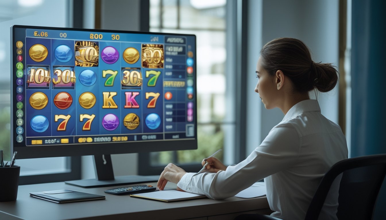 Seseorang mengamati layar permainan slot sambil mencatat hasil pengamatan di meja kerja.