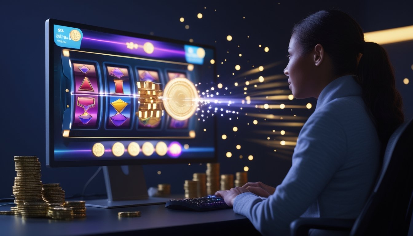 Orang dewasa sedang memainkan permainan slot digital dengan efek bonus dan cahaya berkilau di layar.