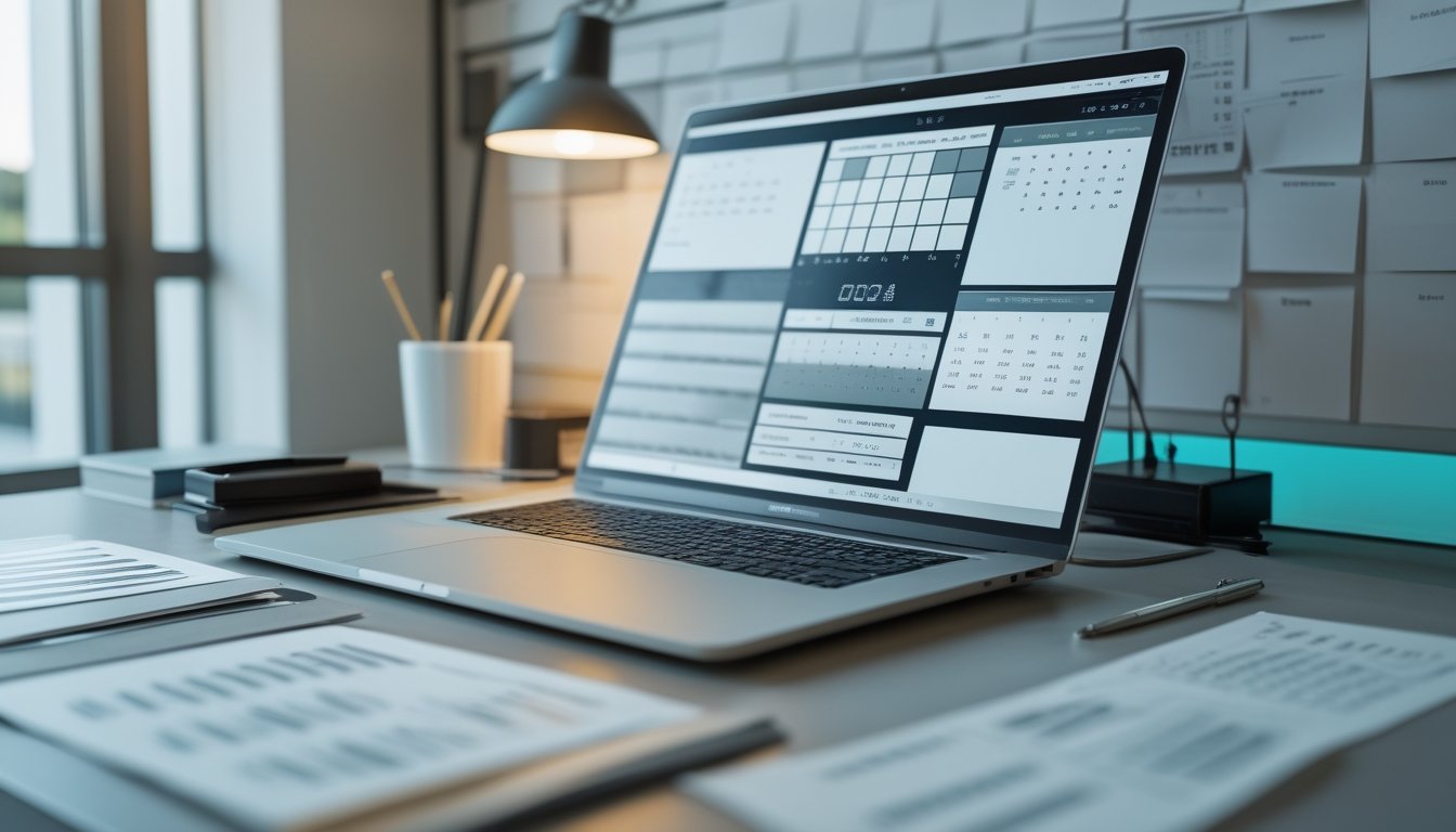 Meja kerja modern dengan laptop yang menampilkan grafik analisis abstrak dan dokumen penelitian.