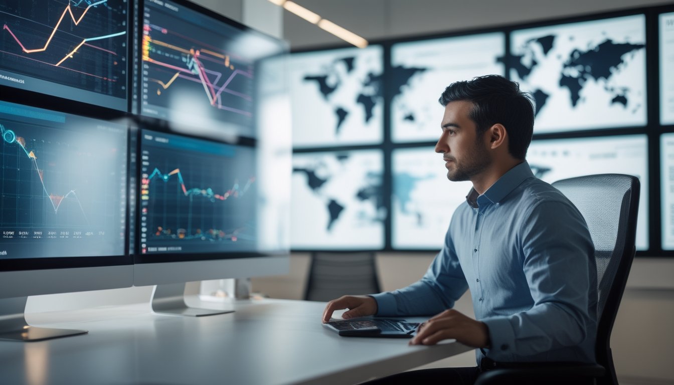 Seorang analis mempelajari berbagai pola data dan jalur peluang di ruang kerja modern.
