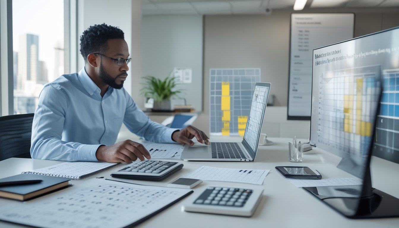 Seorang analis dewasa mempelajari grafik angka dan data statistik di meja kerja modern.